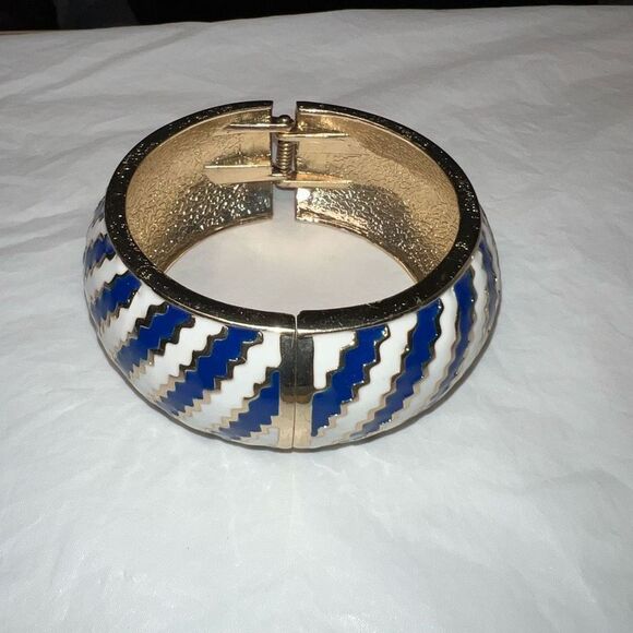 Amrita Singh Blue and White Enameled Hinged Cuff Bracelet - Picture 2 of 7